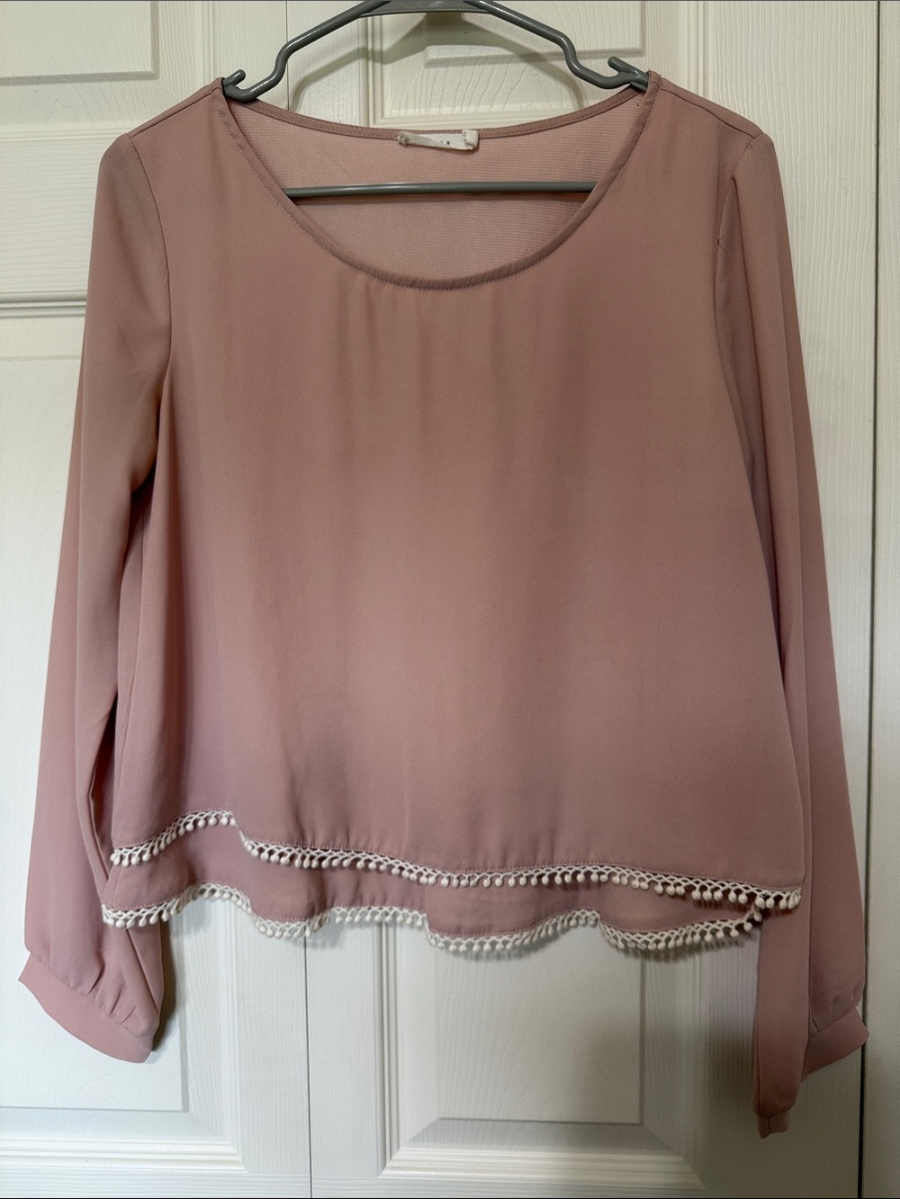Lush Dusty Rose Long Sleeve Chiffon Blouse with Trim